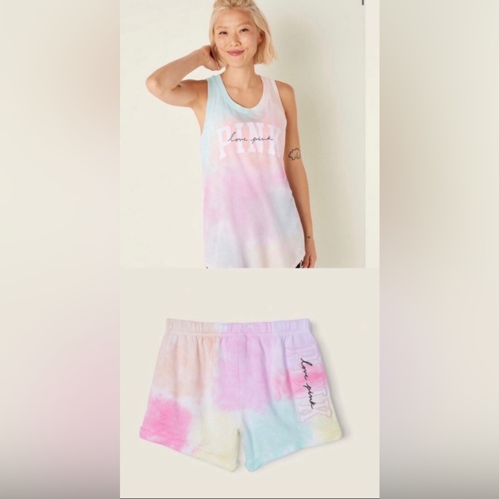 VS Pink freya tie dye slit back tank top & matching boyfriend shorts 2 piece SET